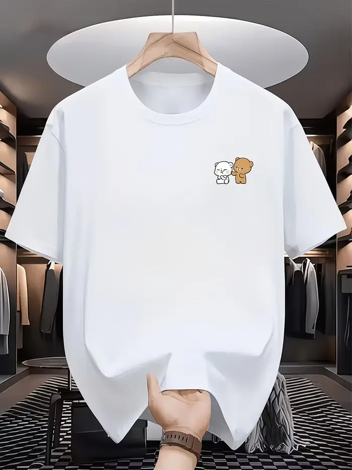 T-shirt graphique ours Anime, style streetwear tendance Harajuku, décontracté, col rond, blanc, manc