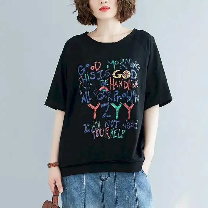 T-shirt manches courtes femme, ample et décontracté, en coton, avec lettres imprimées, art coréen, t
