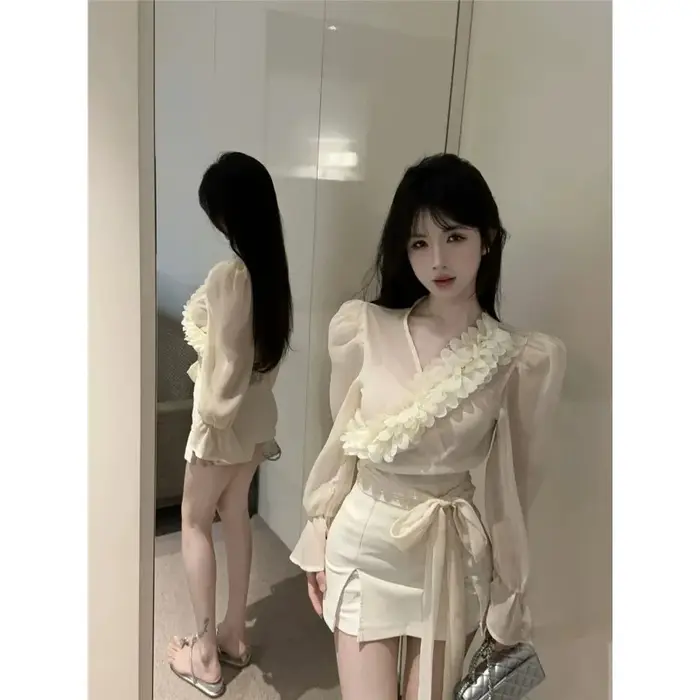 Chemise française en mousseline de soie à manches bouffantes pour femmes, petit haut français à col en v, pur désir, belles chemisiers, été
