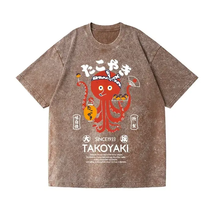 Takoyaki pour hommes Vintage Wash Design japonais T-Shirt drôle octobre imprimé à manches courtes col rond été 2025 t-shirts lourds