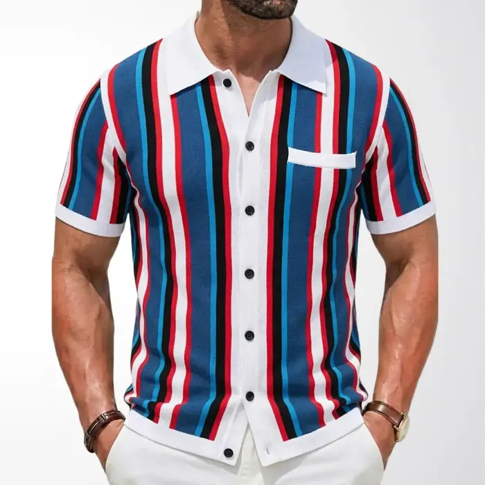 Cardigans tricotés Vintage pour hommes, Polo rayé, manches courtes, revers, hauts respirants, Busine