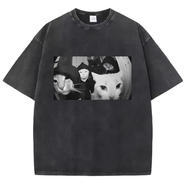T-shirt tendance vintage délavé 100% coton, streetwear, t-shirt graphique chat fumeur, streetwear dé