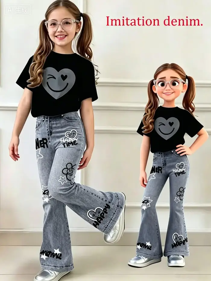 Tenue d'été décontractée pour filles : T-shirt avec imprimé cœur et visage souriant + pantalon évasé