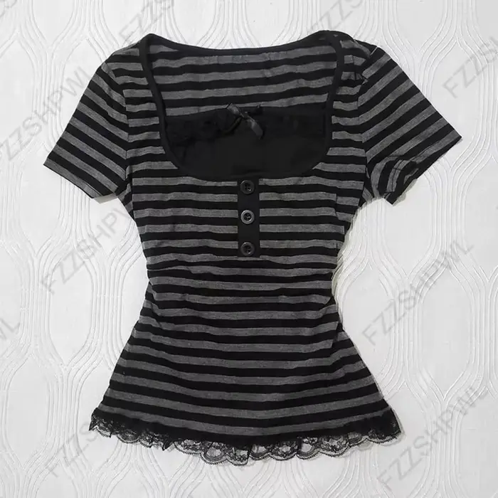 Couleur unie polyvalent T-shirt dentelle rétro décoration punk Y2K haut court rock esthétique mince