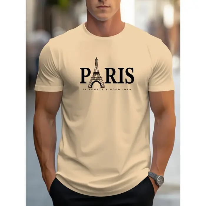 T-shirt à motif Tour Eiffel de Paris pour hommes - Col rond décontracté