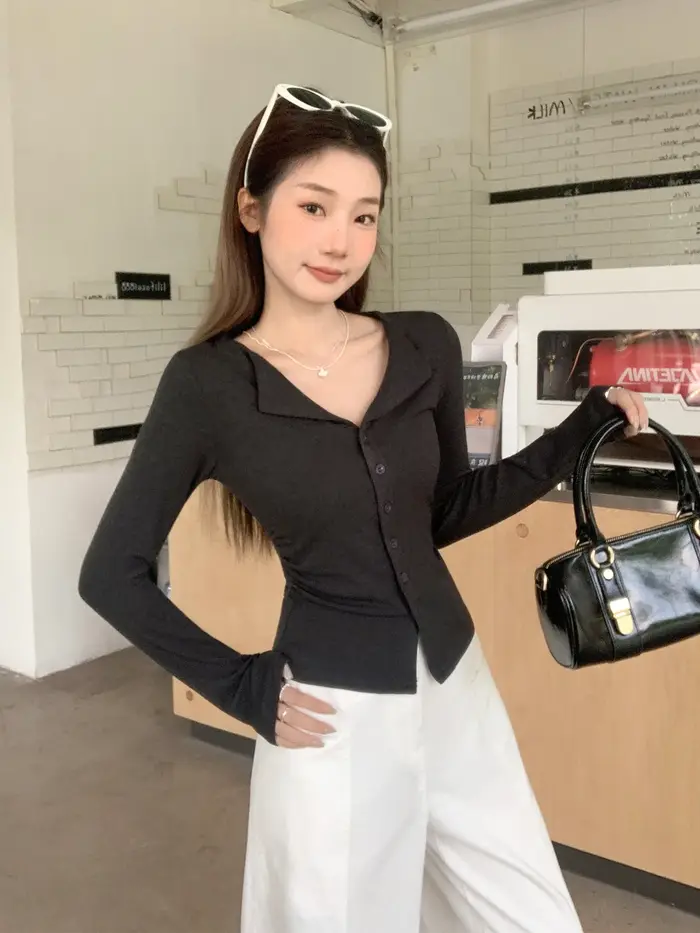 T-shirt à manches longues et col POLO pour femme