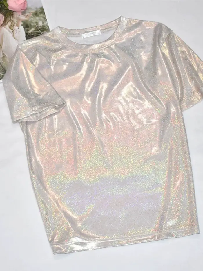 T-shirt manches courtes femme, estival et élégant, en soie brillante, ample, sexy, esthétique, haraj