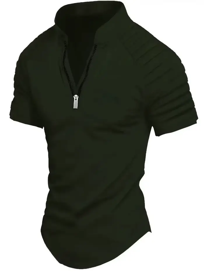 POLO pour hommes printemps sport couleur unie col montant plissé fermeture éclair respirant décontracté été haut tendance à manches courtes