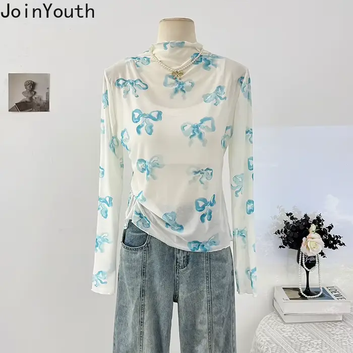 Gaze femme t-shirts nœud imprimé à manches longues