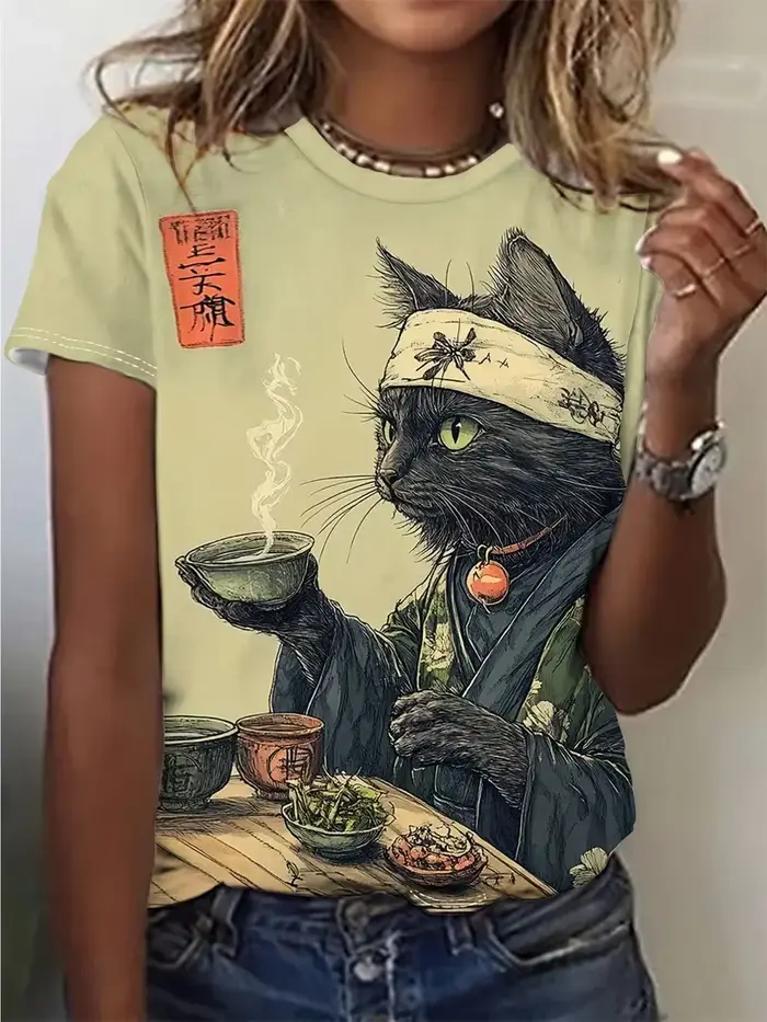 T-shirts Kawaii Chaton Imprimé 3D Animaux Femme Décontracté Manches Courtes Col Rond T-shirt Harajuk
