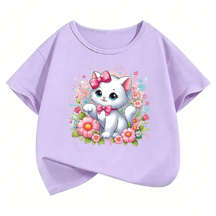T-shirt imprimé chat avec nœud Kawaii