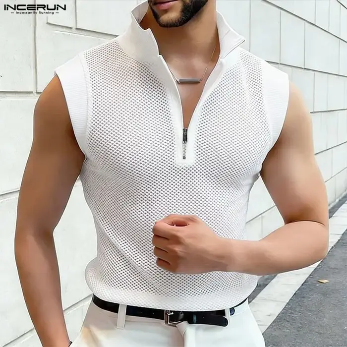 INCERUN Débardeurs Homme Évidés Transparents Été Streetwear Sexy Fermeture Éclair 2026 Tops Tendance Vêtements