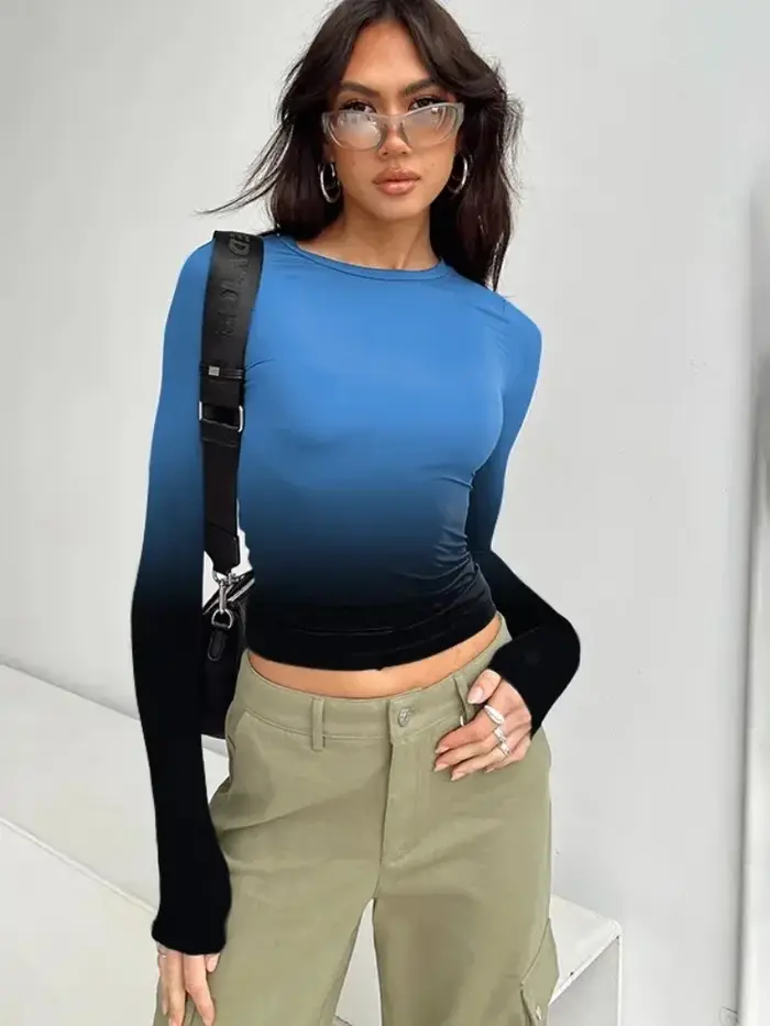 Haut court à manches longues pour femmes, vêtements esthétiques, t-shirt à col rond, coupe couvertes
