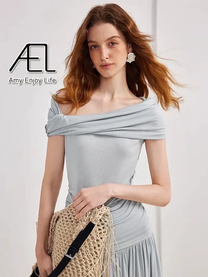 AEL femmes été coupe ajustée haut élastique Sexy asymétrique T-Shirt décontracté extensible Blouse pour dames