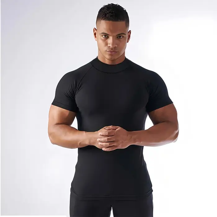 T-shirts à col roulé à manches courtes pour hommes, chemises de compression d'été, t-shirts de sport