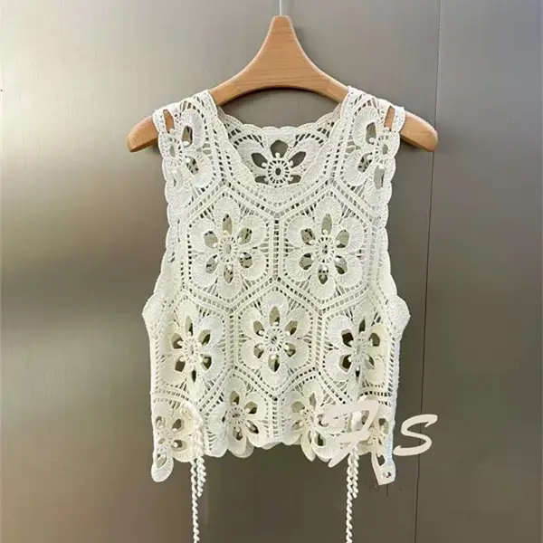 Débardeur en Crochet pour femmes, broderie florale, transparent, ajouré, sans manches, style Boho, t
