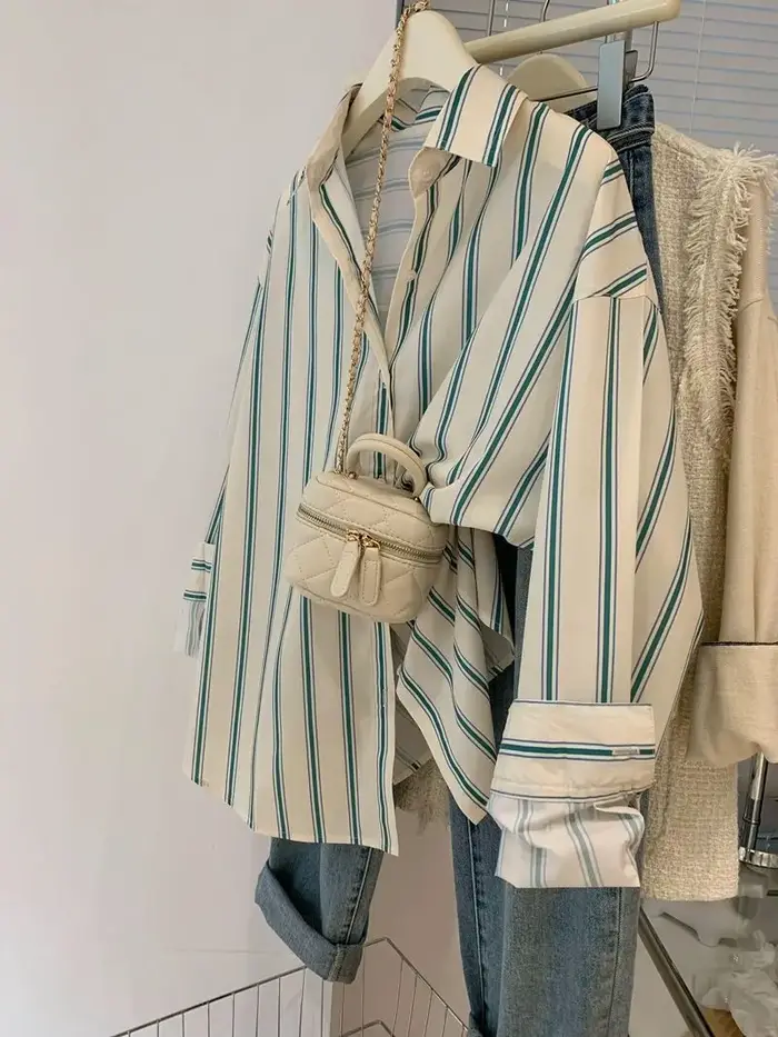 Chemise à manches longues et col POLO pour femme, Cardigan à rayures verticales, simple boutonnage, 