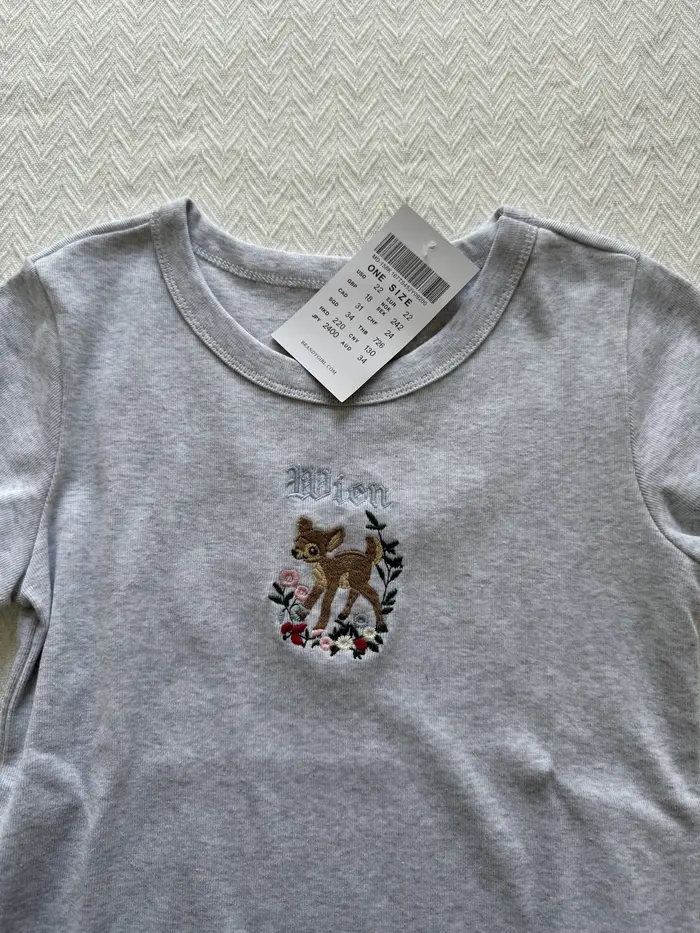 Fleur petit cerf broderie T-shirt col rond coton mince à manches courtes t-shirts femme doux mignon 