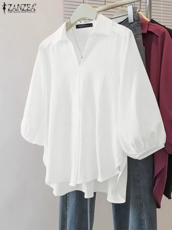 ZANZEA femmes chemisier asymétrique 3/4 lanterne manches couleur unie hauts mode col rabattu tunique décontractée été pull Blusa