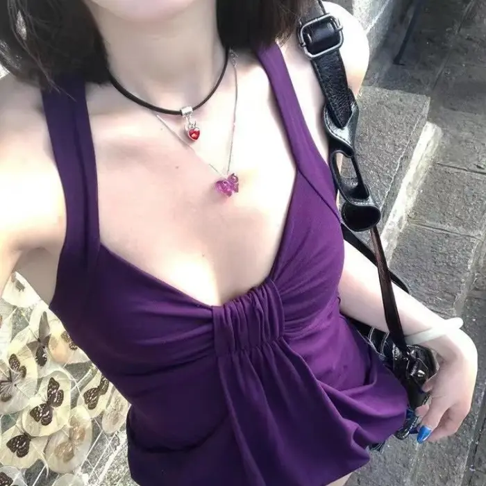 Débardeurs licou violets sexy à col en V sans manches
