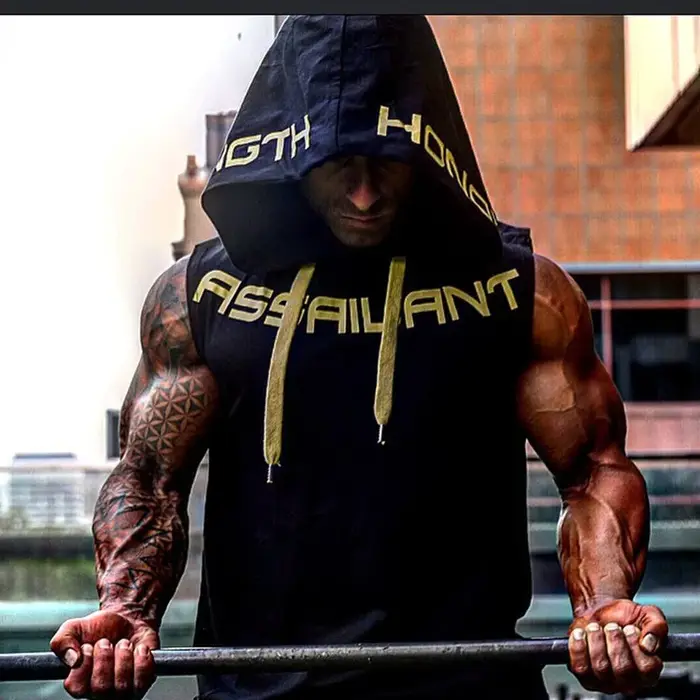 Hommes débardeurs vêtements de sport Fitness sweat à capuche sans manches gilets coton Singlets