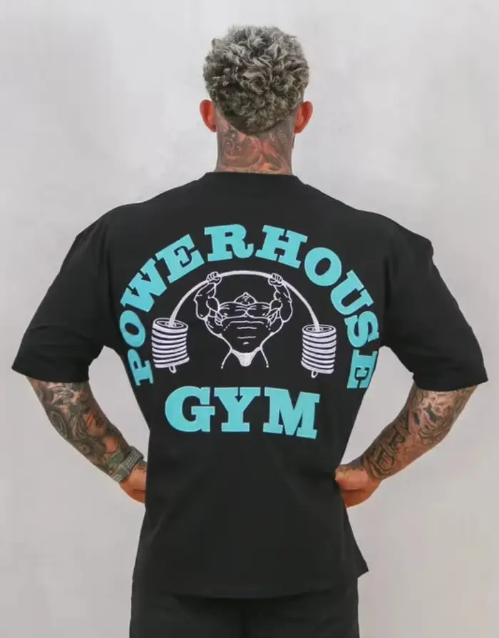 T-shirt athlétique streetwear pour homme, imprimé artistique rétro Gym Powerhouse, col rond ample po