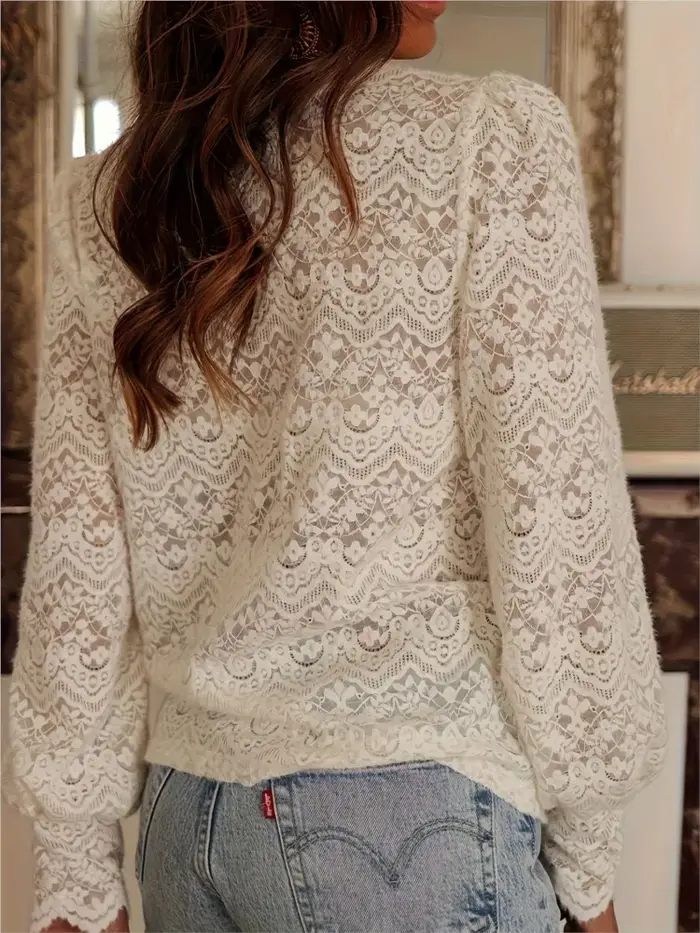 Mode dentelle chemise pour femmes élégant solide col en V à manches longues crochet fleur creux dessus