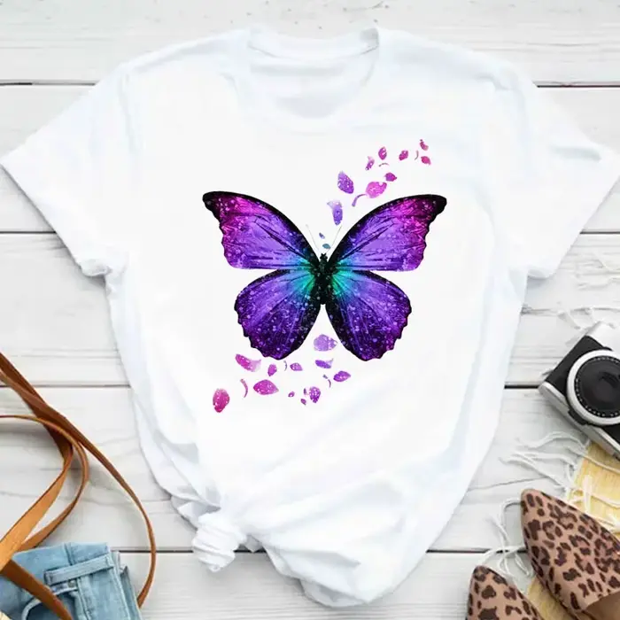 T-Shirt imprimé de pétales de papillon colorés pour femmes