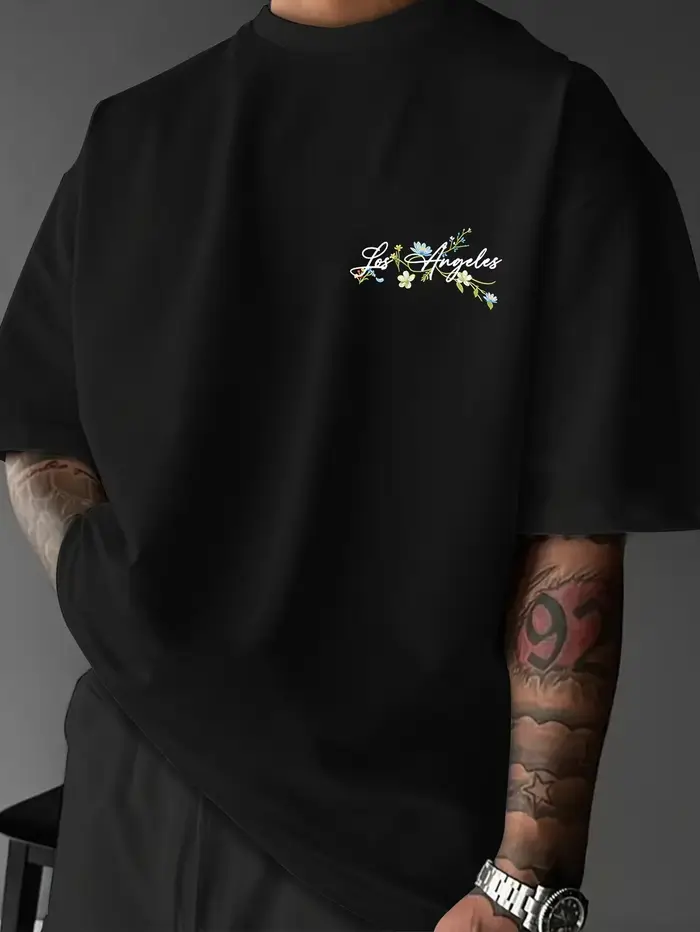 T-shirt en coton imprimé avec motif de lettres et de fleurs colorées - Simple et décontracté à manches courtes pour hommes et femmes