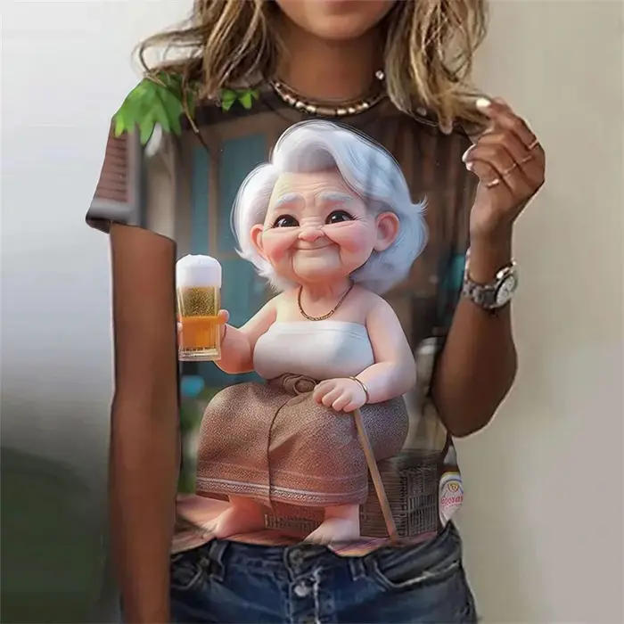 T-Shirt grand-mère de dessin animé imprimé en 3D pour femmes