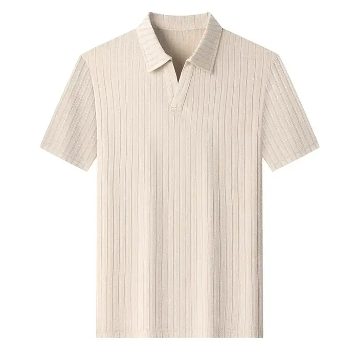 Polo en tricot à col en V pour homme, manches courtes, tissu côtelé rayé, confortable, respirant, dé