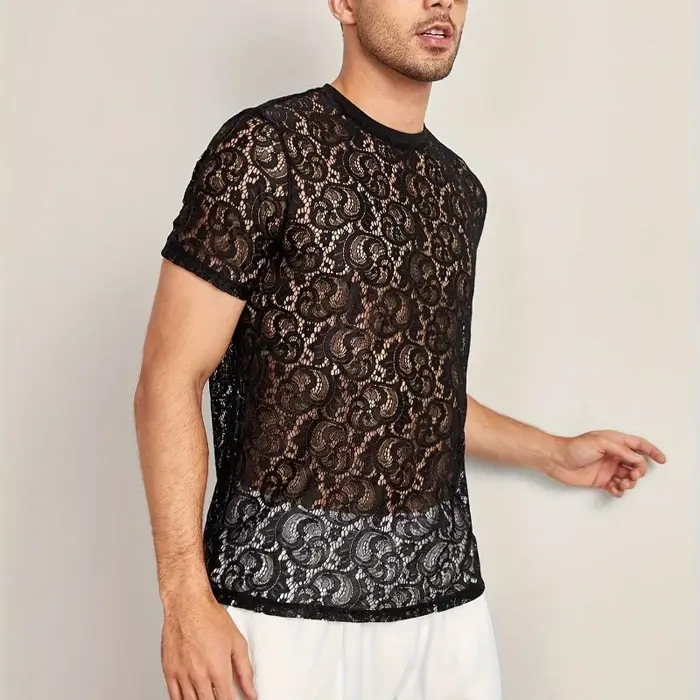 T-shirt transparent en dentelle pour hommes, haut à manches courtes à col rond découpé, couche de Ba