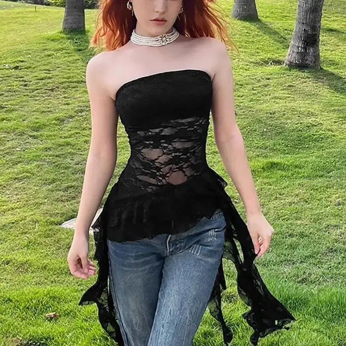 Doux Sexy Irrégulier Asymétrique Mince Débardeur Y2k Harajuku Dentelle T-shirt Femmes Noir Blanc Hauts À Volants Mignon Top Corset À La Mode Nouveau