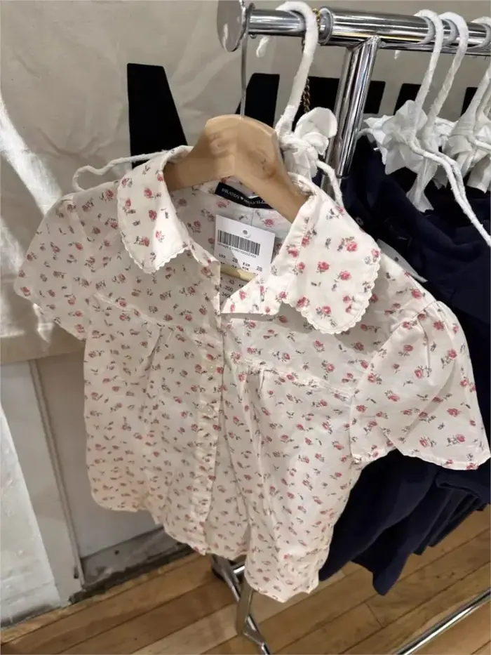 Doux rouge Floral T-shirt Blouse femme été col panoramique simple boutonnage manches courtes t-shirts décontracté