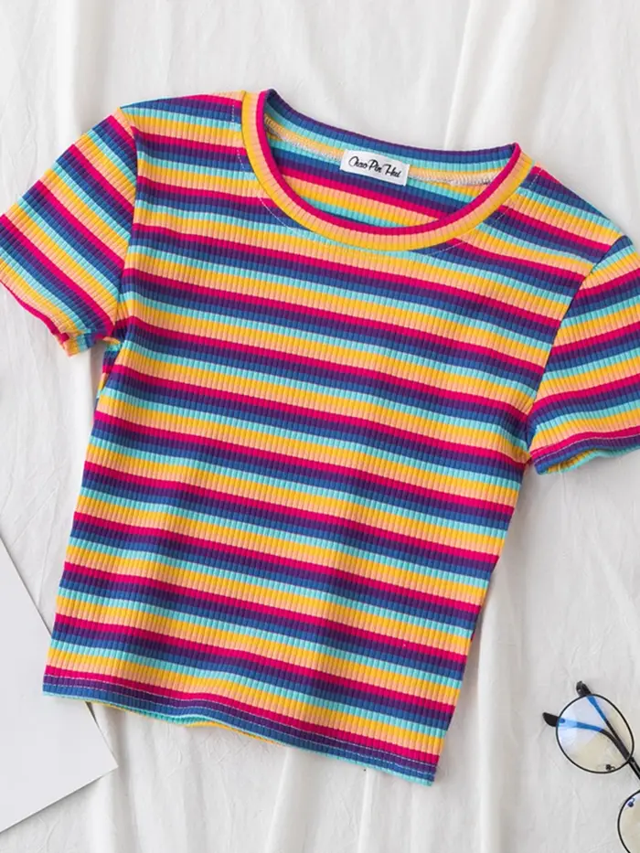 T-shirt rayé arc-en-ciel pour femme, manches courtes, vêtements féminins coréens, t-shirt Harajuku,