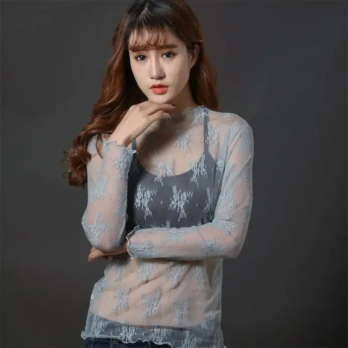 Transparent dentelle T-shirt maille résille à manches longues