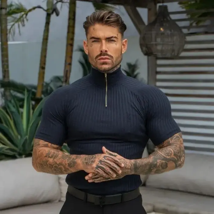 Polo élastique ajusté pour homme – T-shirt d'été tendance à col montant zippé