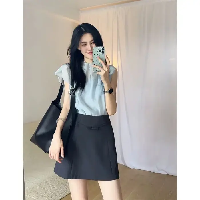 Élégant col mi-haut manches volantes en mousseline de soie chemise transparente Camisole t-shirt femmes taille haute a-ligne jupe été mince trois pièces