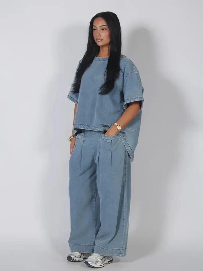 Ensemble pantalon et haut oversize en jean pour femme, style urbain, col rond, manches courtes, ourl