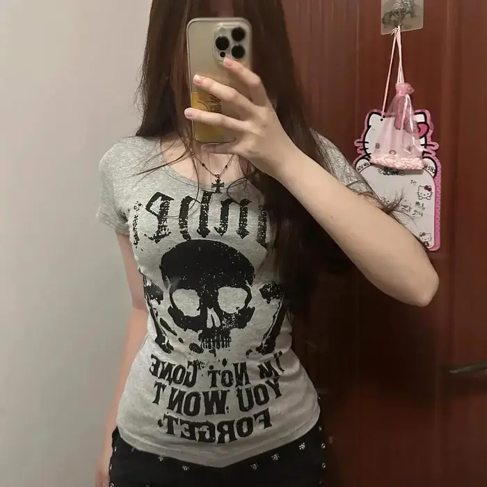 T-shirts vintage pour femmes, coupe ajustée, style punk, vêtements pour femmes, manches courtes, t-shirts à la mode, imprimé tête de mort, décontracté, style Y2K, haut.