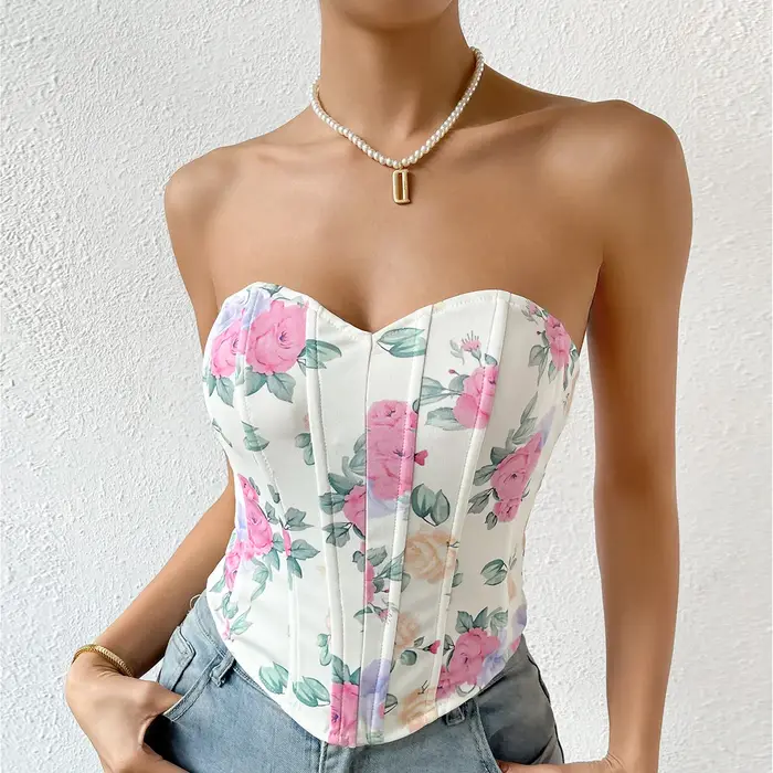 2025 Sexy Hors Épaule Spicy Girl Débardeur Coupe Basse Dos Ouvert Fleur Imprimé Corsets Camis High Street Fishbone Bustier Crop Tops