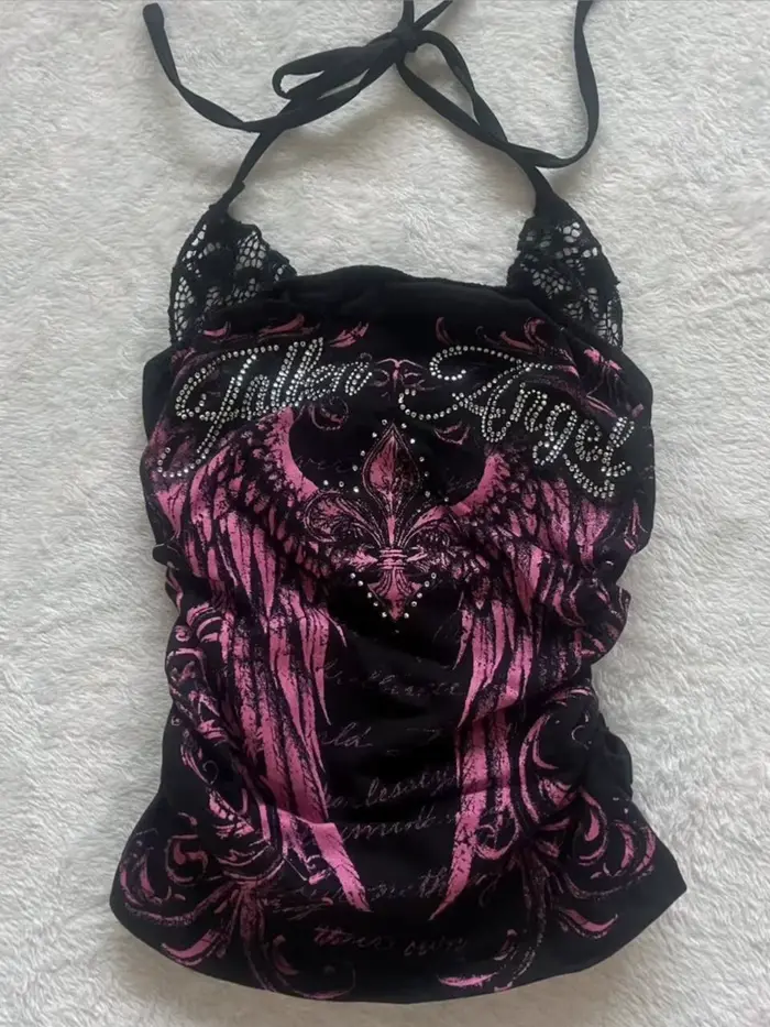 Crop top grunge pour femme, vêtements vintage années 90, camisole gothique à croix et ailes, débarde