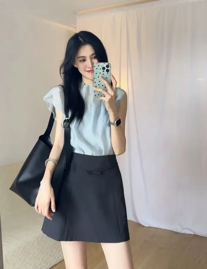 Élégant col mi-haut manches volantes en mousseline de soie chemise transparente Camisole t-shirt femmes taille haute a-ligne jupe été mince trois pièces