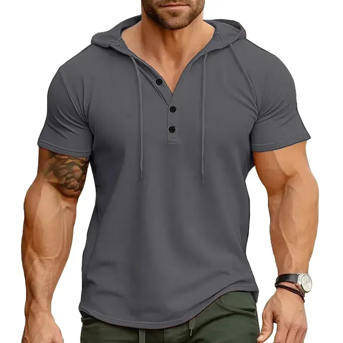 T-shirts à manches courtes pour hommes pour le sport et le fitness chemise Henley de style américain haut à capuche