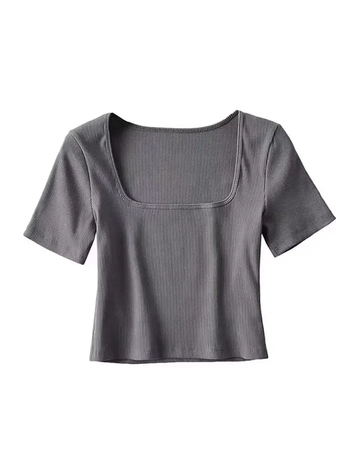 T-shirt court côtelé à col carré pour femmes, haut court à manches courtes