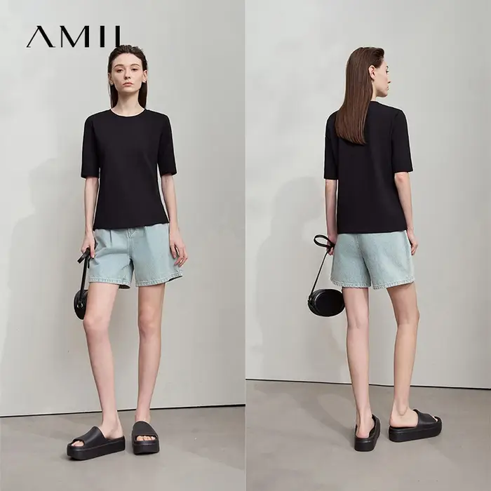 AMII minimaliste coton noir T-Shirt pour femmes 2025 bureau dame O cou plaine tricot