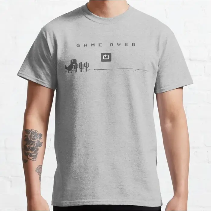Game over drôle hors ligne t rex 90s dessin animé pixel jeu vidéo dinosaure T-shirt pour hommes grande taille hauts pour adultes S-6xl
