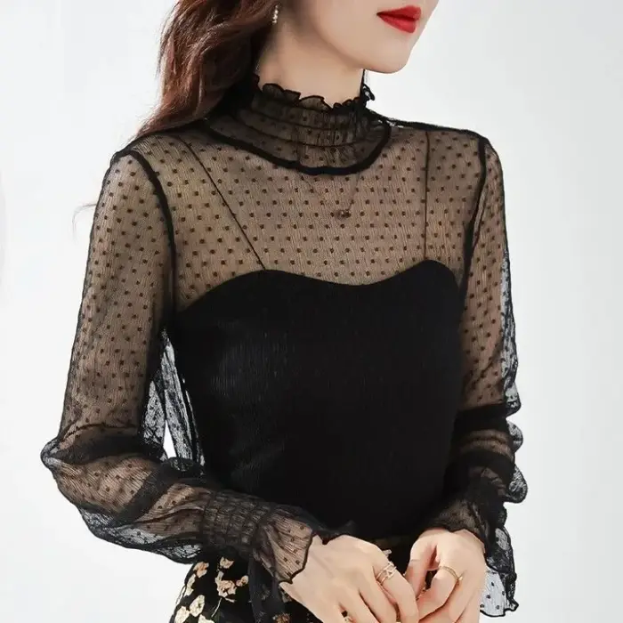 T-shirt sexy pour femme à col montant en maille