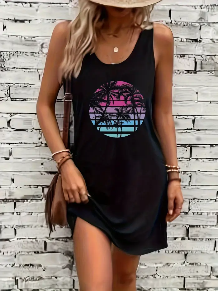 Robe débardeur sans manches pour femmes, Sexy, ample, courte, mini robe avec imprimé noir, été