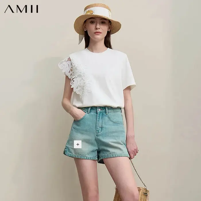 T-shirt Amii pour femme – Nouveauté été 2026 – Hauts à col rond en coton anti-humidité
